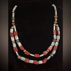Artisan Chic Red, Green, Gold, and Brown Semiprecious Stones Beaded Necklace.